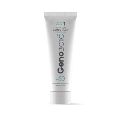 ضد آفتاب بی رنگ مخصوص پوست‌های خشک و معمولی ژنوبایوتیک SPF50 حجم 50 میلی لیتر